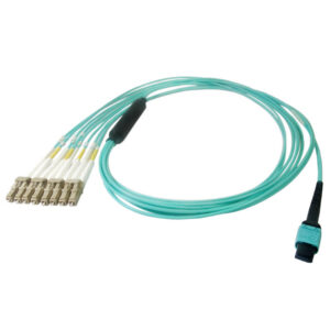 8-Fiber Multimode OM4 12-Position MPO/MTP Female no guide pins to 8x LC/UPC clipped in pairs - OFNP Plenum