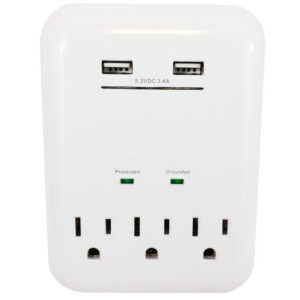 3 Outlet Power Tap - 950J Surge Protection, 2 Fast Charge USB Ports - White