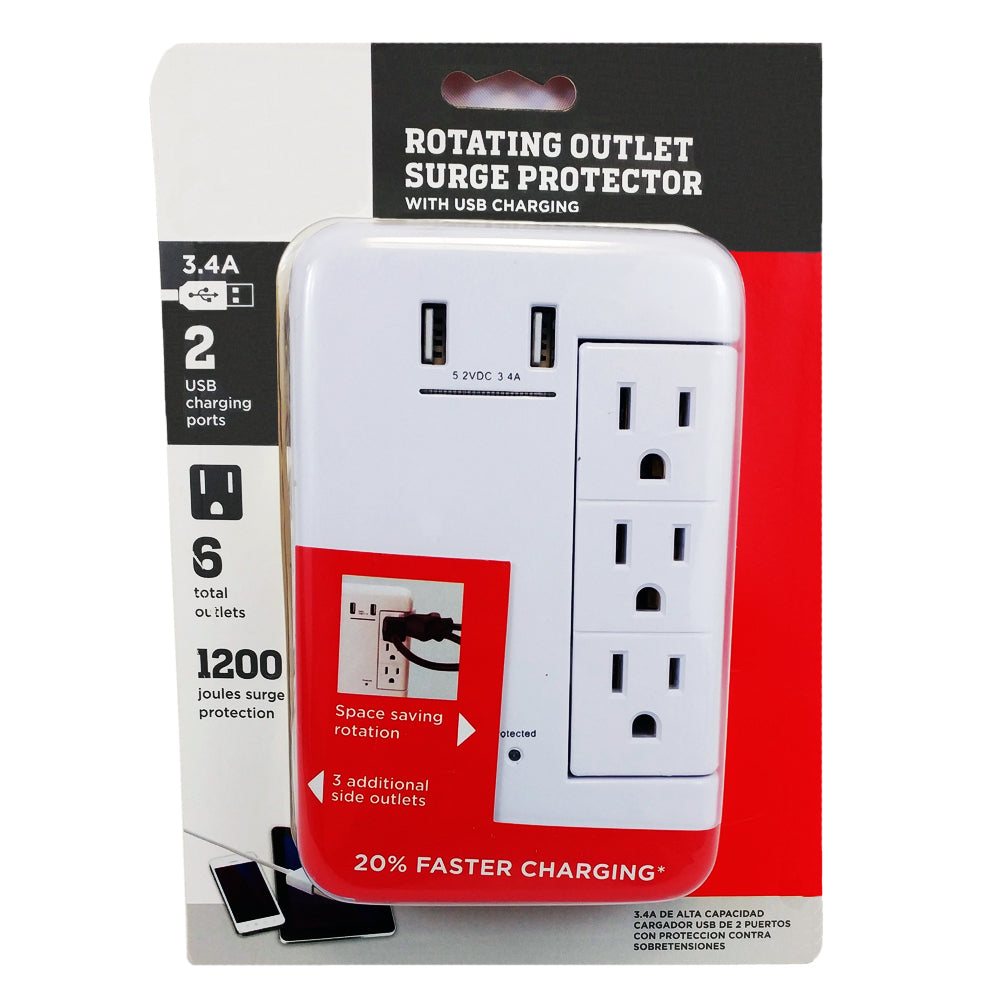 6 Outlet Swivel Power Tap - 1200J Surge Protection, 2 Fast Charge USB Ports - White - Image 2