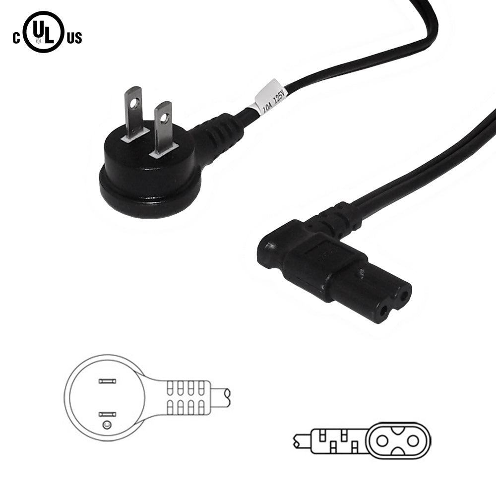 NEMA 1-15P Down Angle to IEC C7 Non-Polarized Right Angle Power Cable - 18AWG - SPT-2 - Image 2
