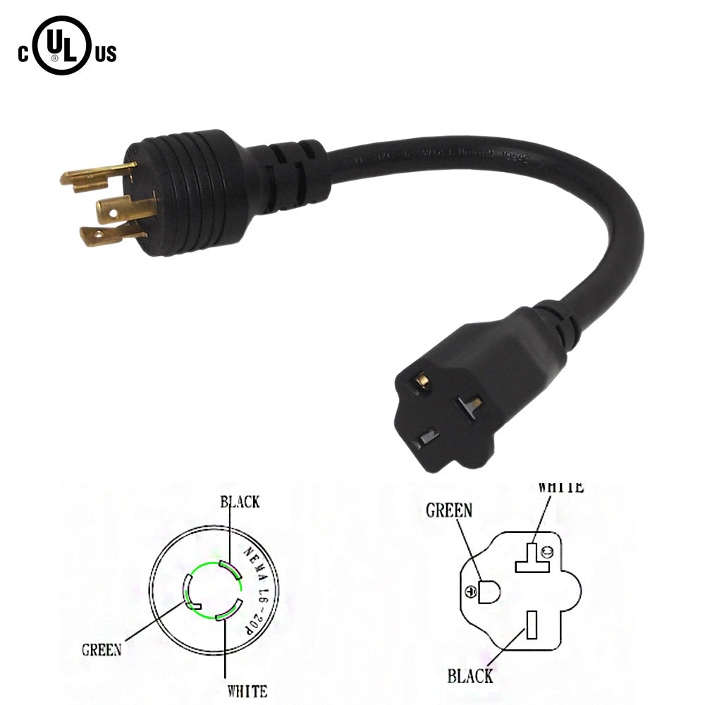 1ft NEMA L6-20P to NEMA 6-20R Power Cable - 12AWG - SJT Jacket (20A 250V) - Image 2