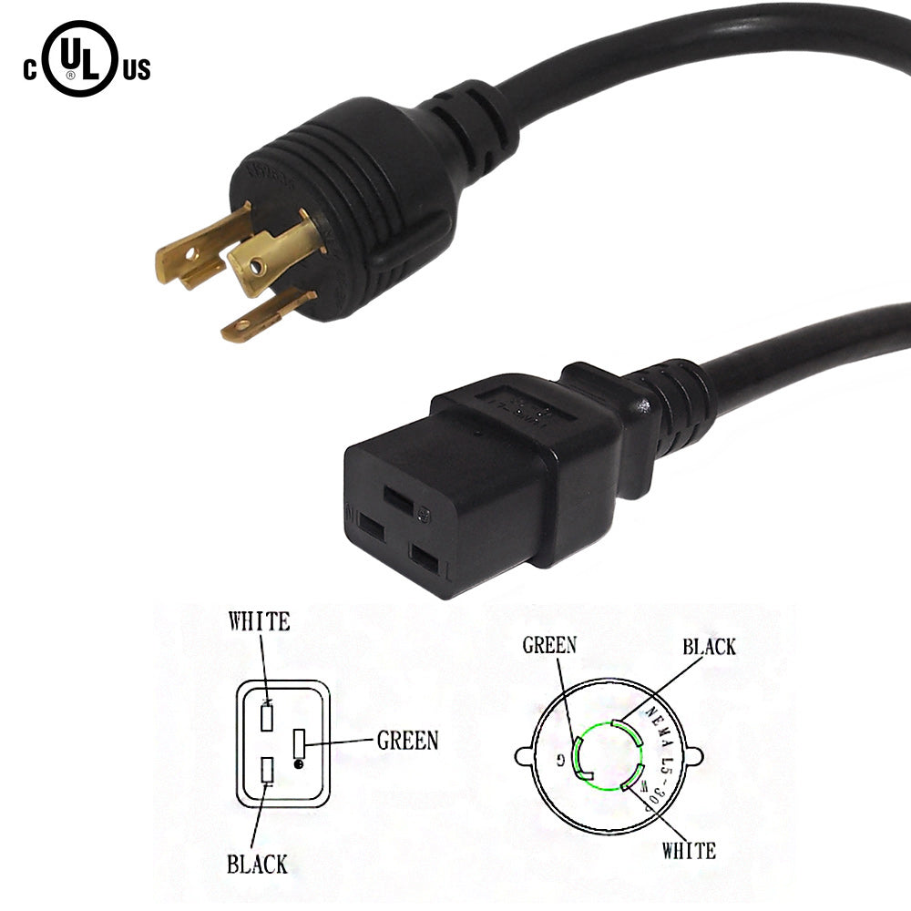 8ft NEMA L5-30P to IEC C19 Power Cable - 12AWG - SJT Jacket - Image 2