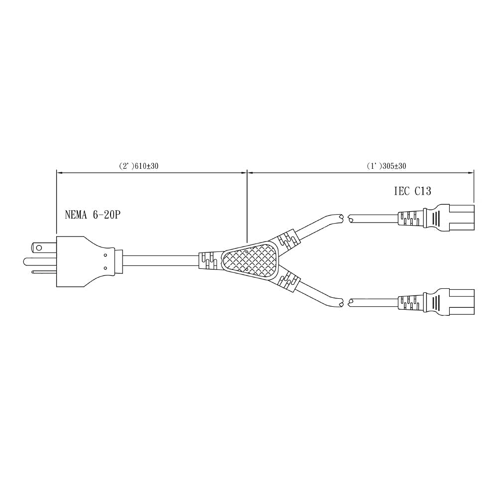 3ft NEMA 6-20P to 2x IEC C13 Power Splitter Cable - 14AWG (15A 250V) - SJT - Image 2