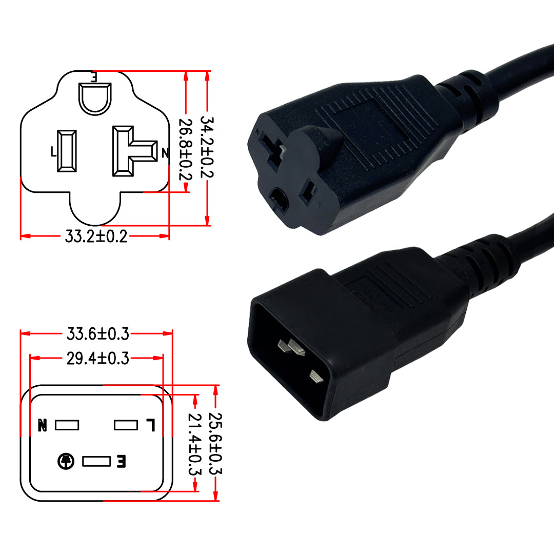 1ft NEMA 5-15/20R to IEC C20 Power Cable - 14AWG - SJT Jacket (15A 125V) - Image 2