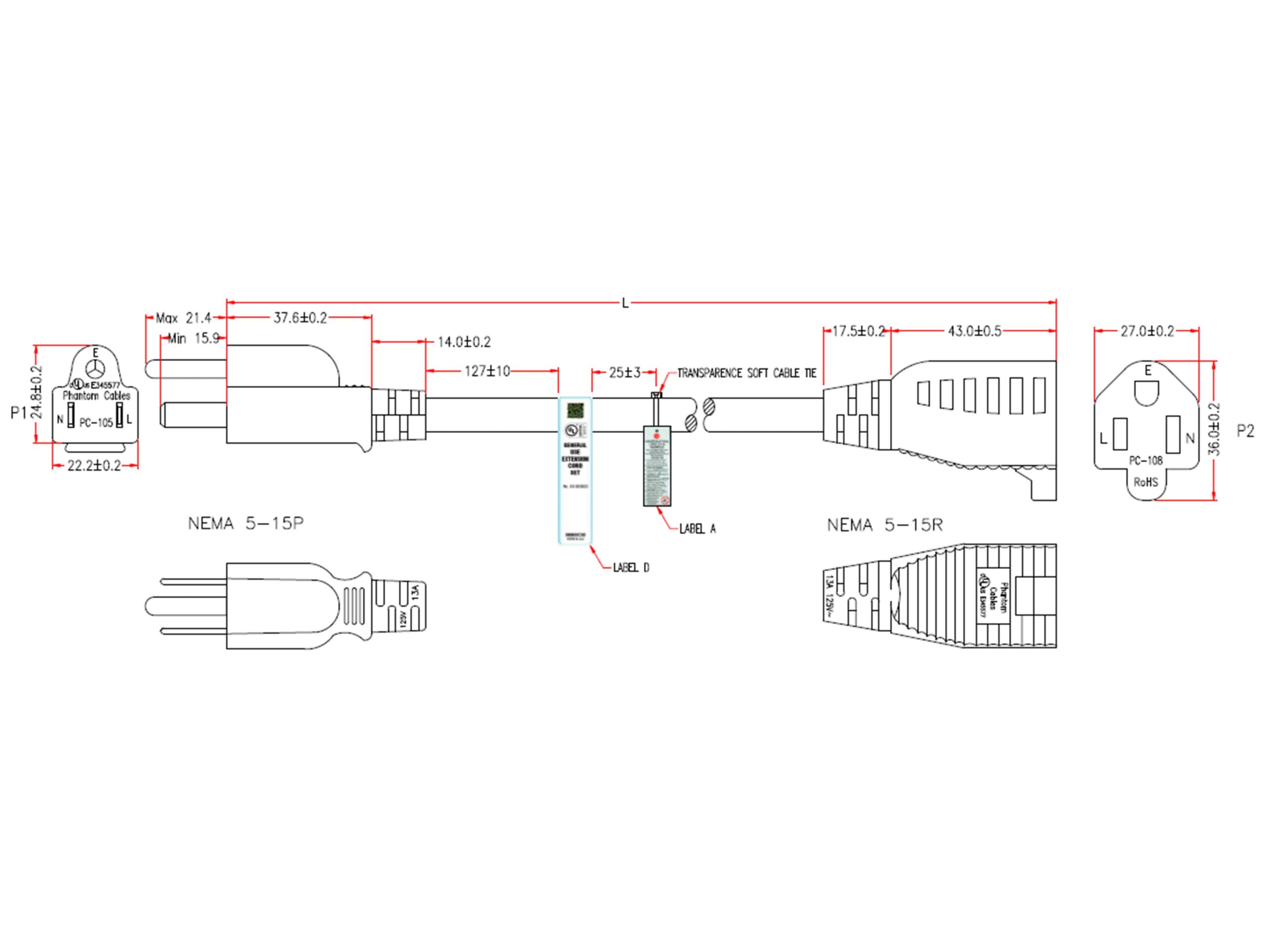 NEMA 5-15P to NEMA 5-15R Power Cable - SJT Jacket - Image 2