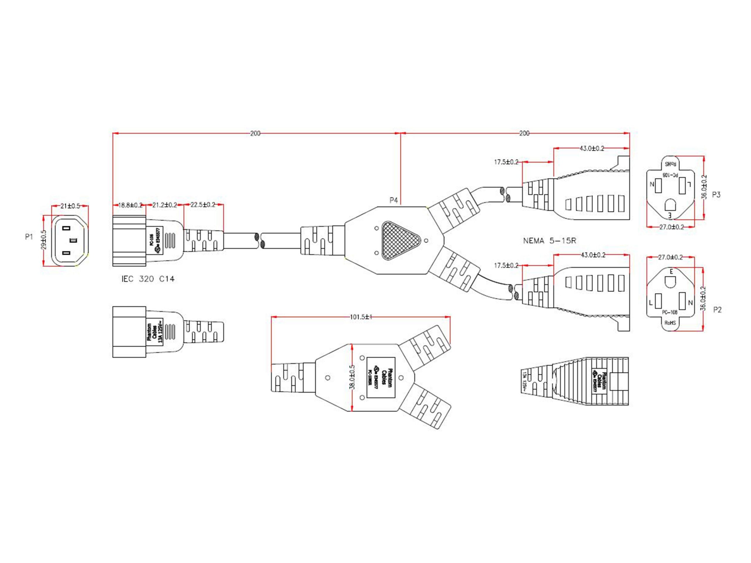 1ft IEC C14 to 2x NEMA 5-15R Power Splitter Cable - 16AWG (13A 125V) - SJT - Image 3