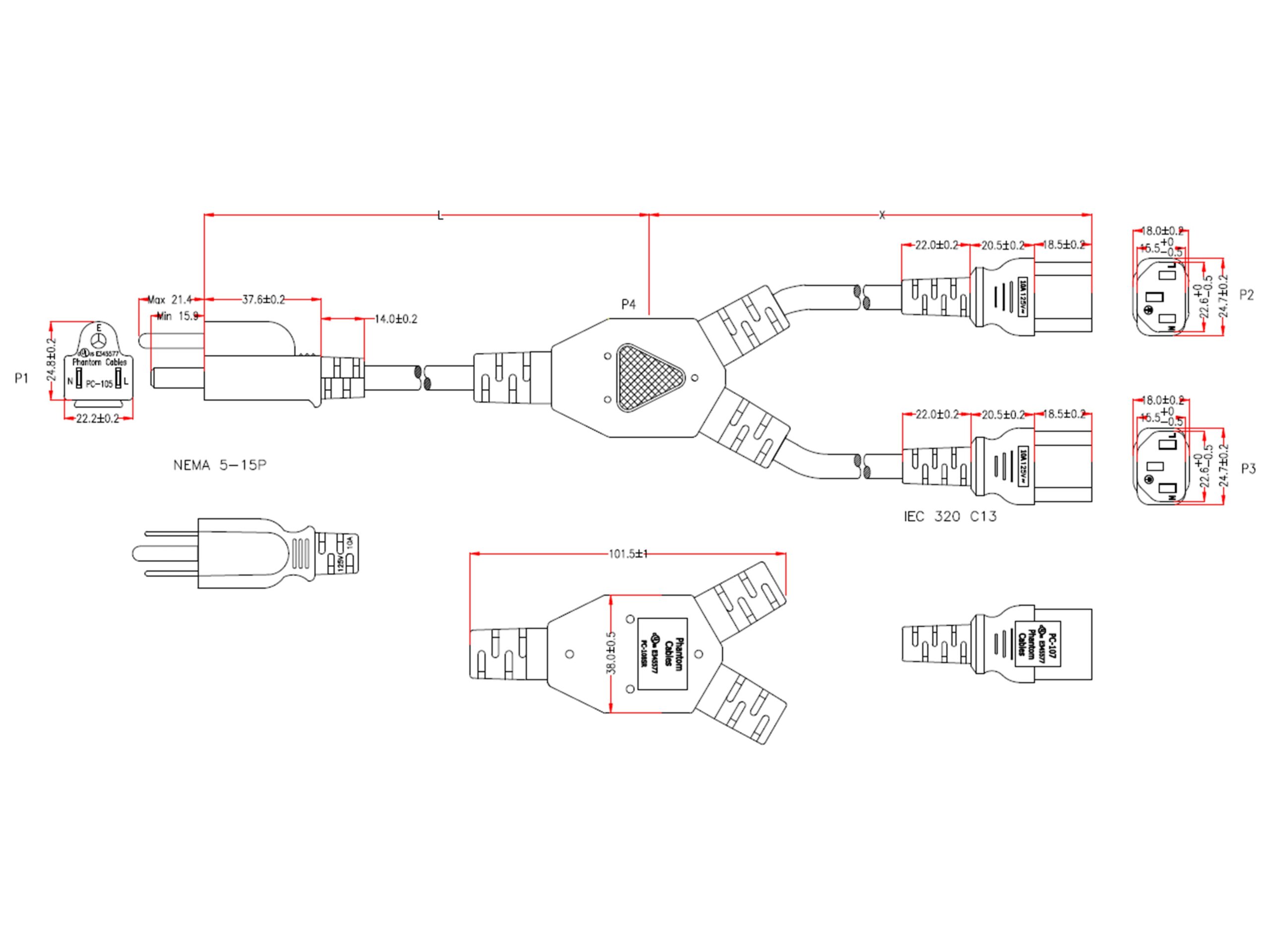 NEMA 5-15P to 2x IEC C13 Power Splitter Cable - SJT - Image 3