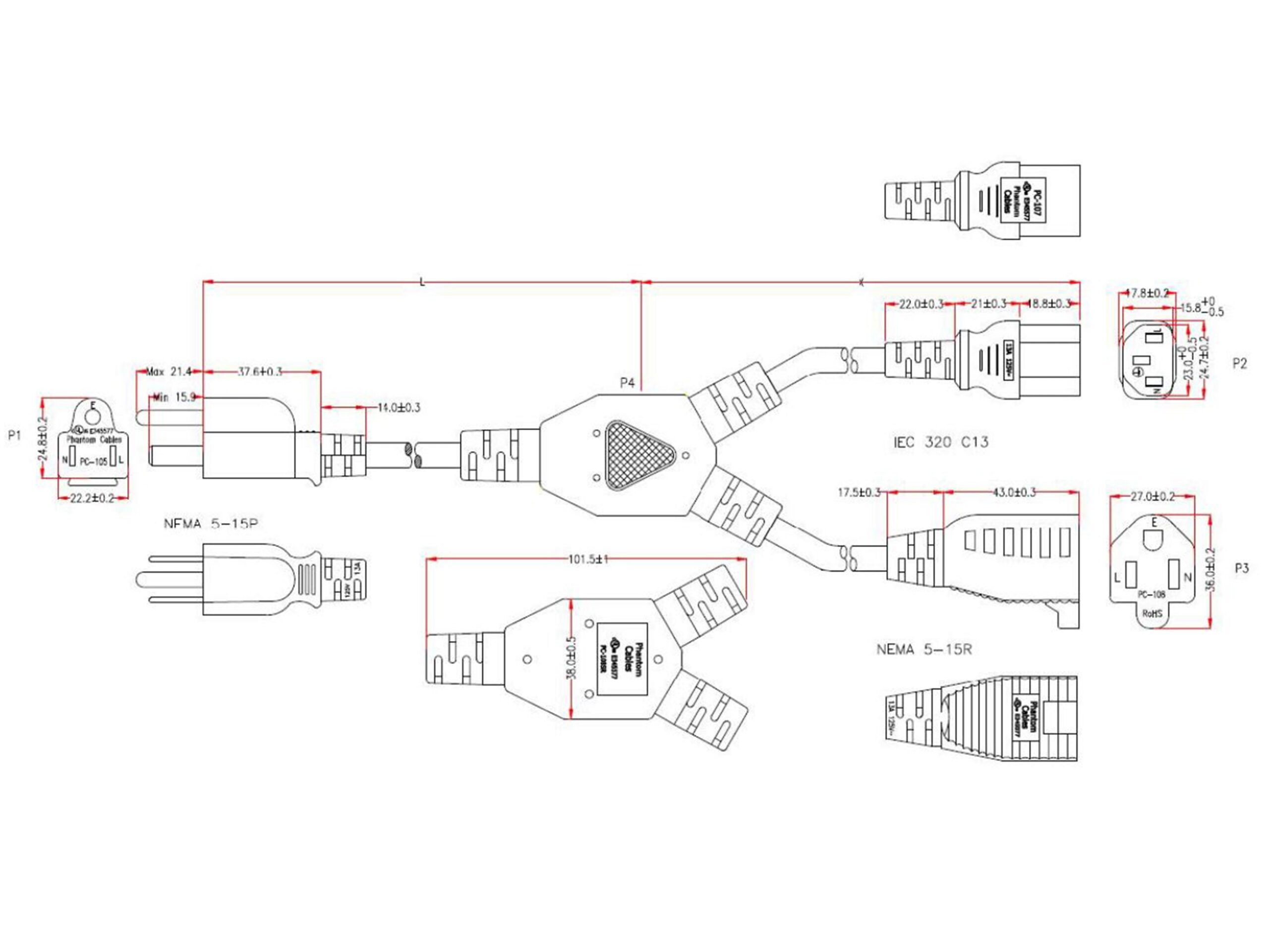 NEMA 5-15P to IEC C13 & NEMA 5-15R Power Splitter Cable - 16AWG (13A 125V) - SJT - Image 3
