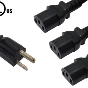 NEMA 5-15P to 3x IEC C13 Power Splitter Cable - 16AWG (13A 125V) - SJT