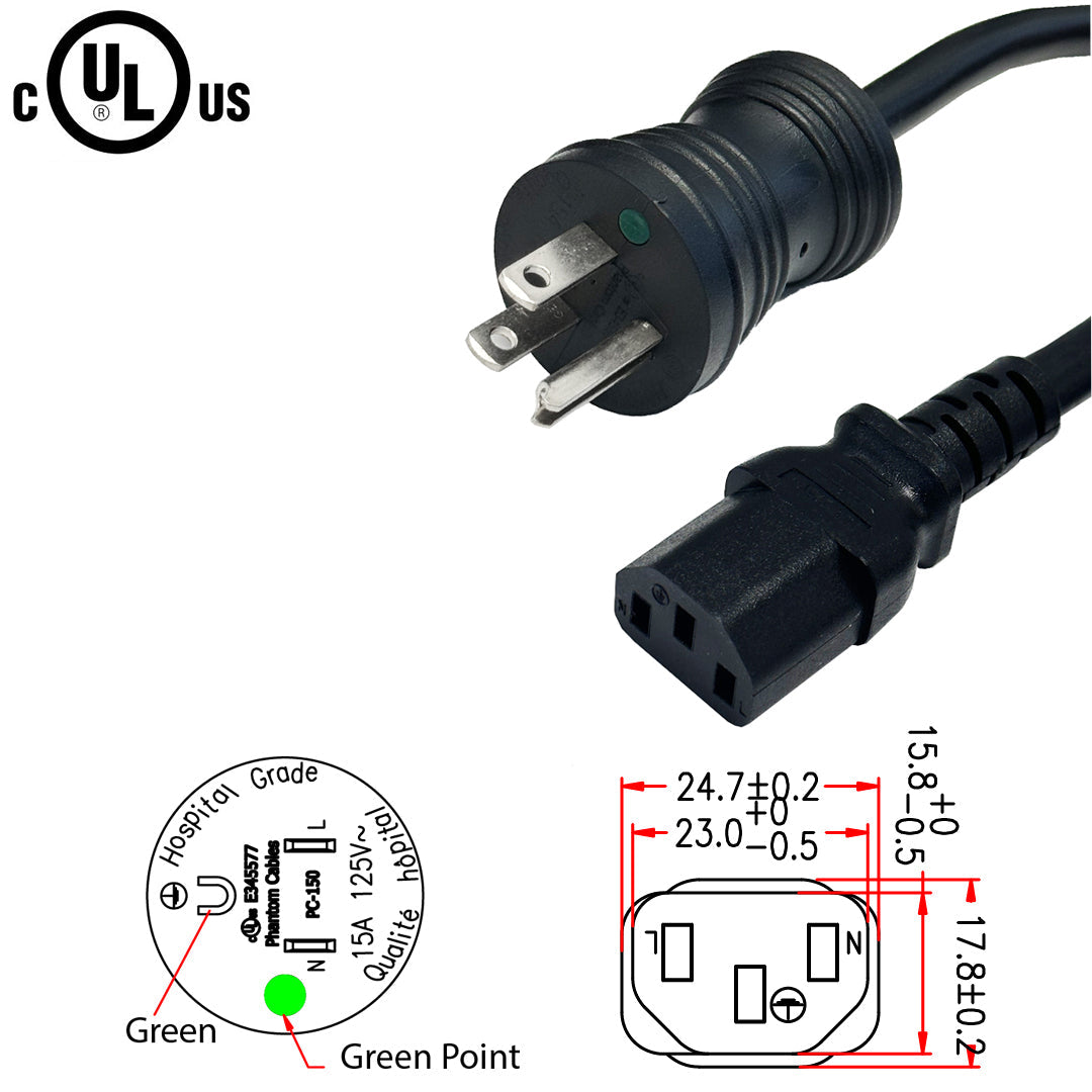 Hospital Grade 5-15P to C13Power Cable - 14AWG - SJT (15A/125V) - Image 2
