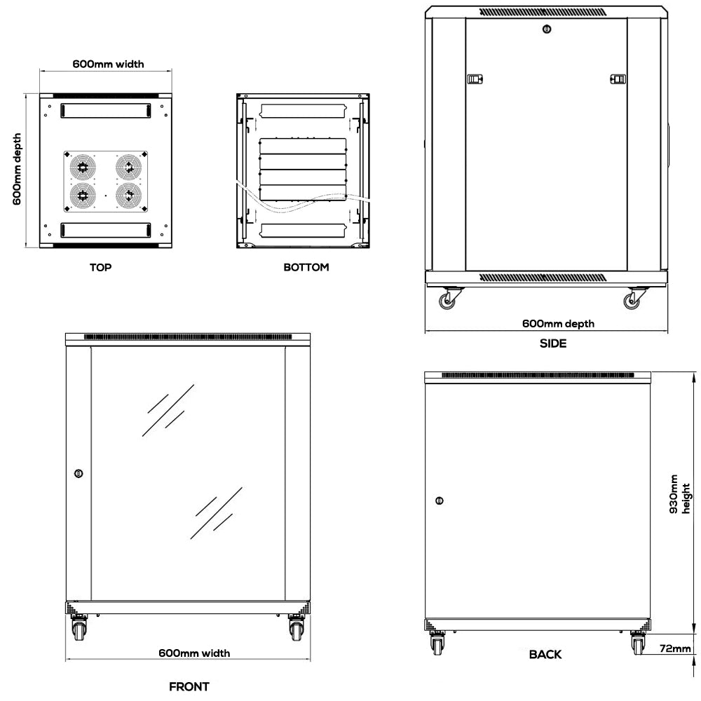 18U A/V and Networking Cabinet - Pre-Loaded with Fan Top, 3 Shelves & Blank Panels - Tapped Rails - Black - Image 4