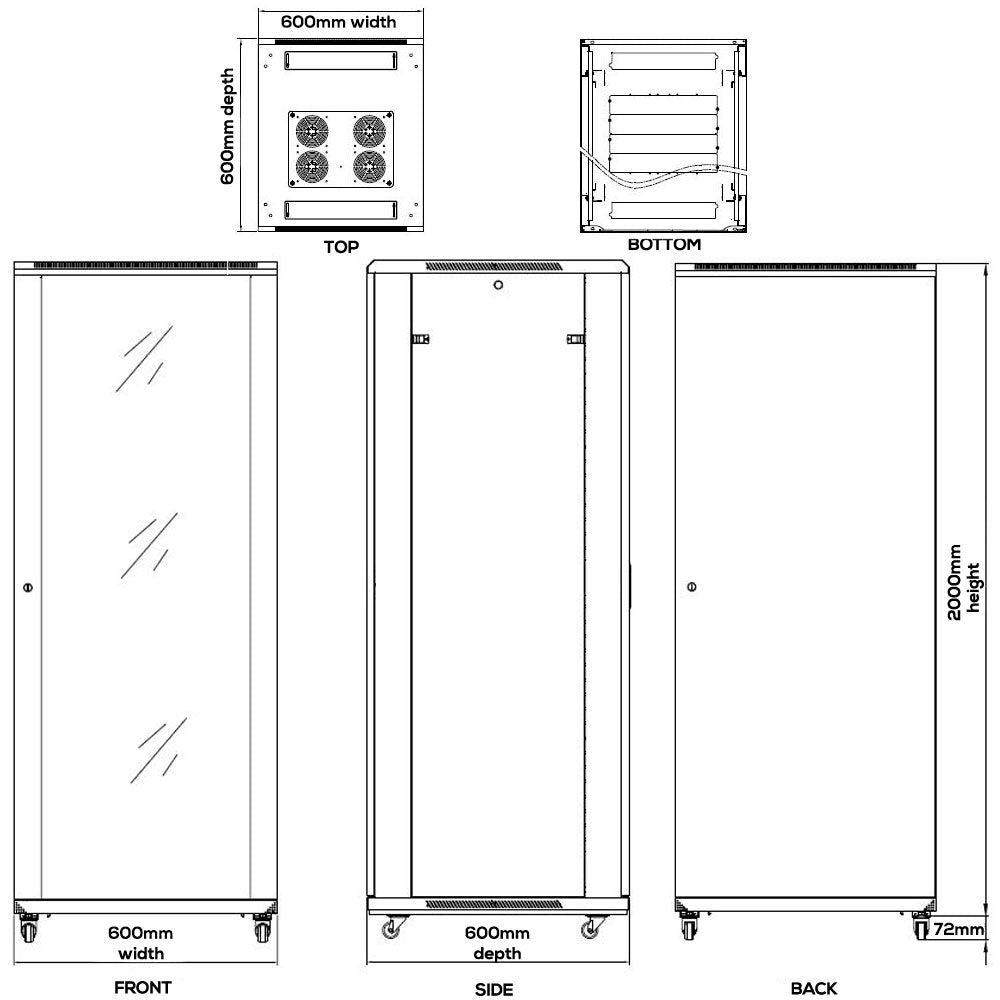 42U A/V and Networking Cabinet - Pre-Loaded with Fan Top, 9 Shelves & Blank Panels - Tapped Rails - Black - Image 4