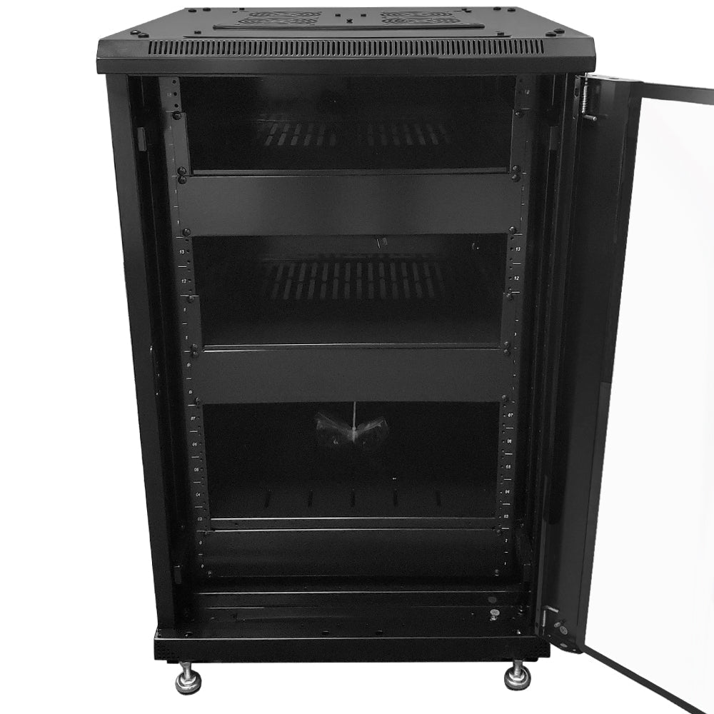 18U A/V and Networking Cabinet - Pre-Loaded with Fan Top, 3 Shelves & Blank Panels - Tapped Rails - Black - Image 3