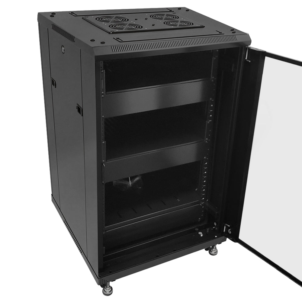18U A/V and Networking Cabinet - Pre-Loaded with Fan Top, 3 Shelves & Blank Panels - Tapped Rails - Black - Image 2