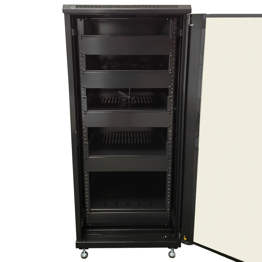 27U A/V and Networking Cabinet - Pre-Loaded with Fan Top, 5 Shelves & Blank Panels - Tapped Rails - Black - Image 3