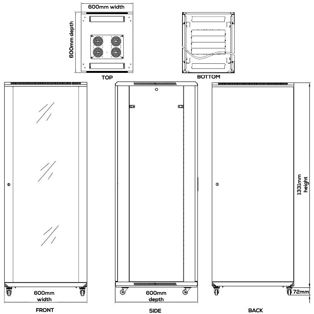 27U A/V and Networking Cabinet - Pre-Loaded with Fan Top, 5 Shelves & Blank Panels - Tapped Rails - Black - Image 4