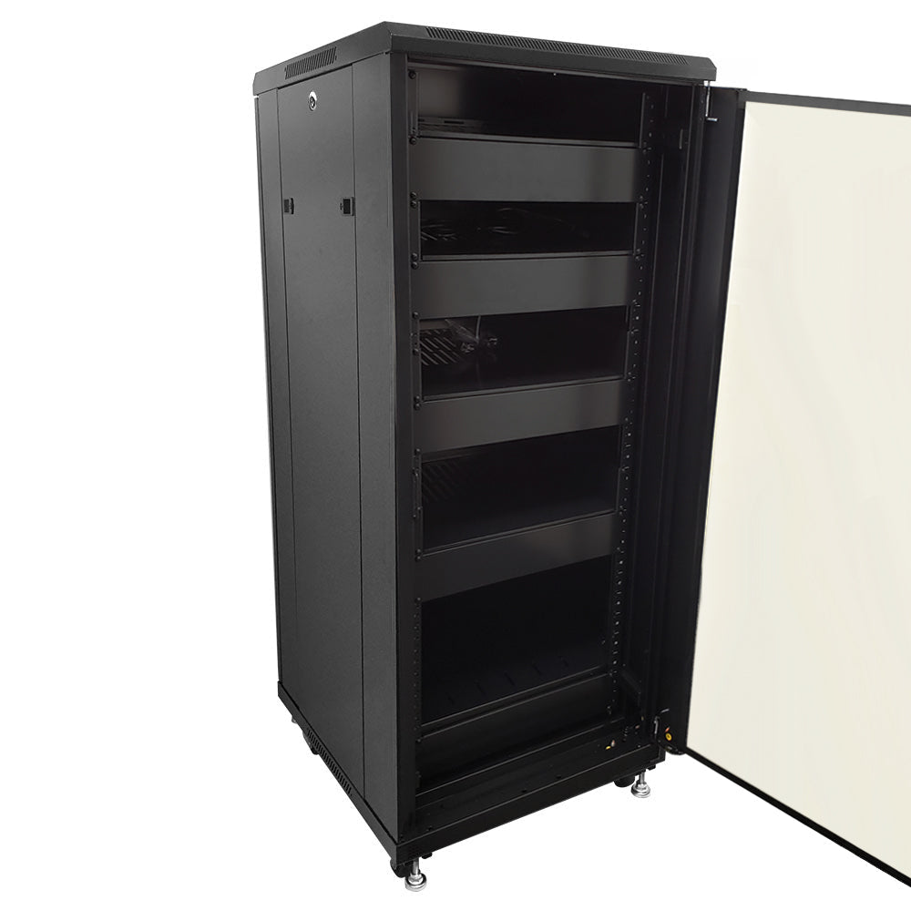 27U A/V and Networking Cabinet - Pre-Loaded with Fan Top, 5 Shelves & Blank Panels - Tapped Rails - Black - Image 2