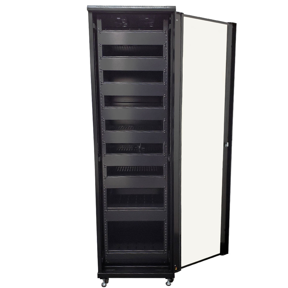 42U A/V and Networking Cabinet - Pre-Loaded with Fan Top, 9 Shelves & Blank Panels - Tapped Rails - Black - Image 3