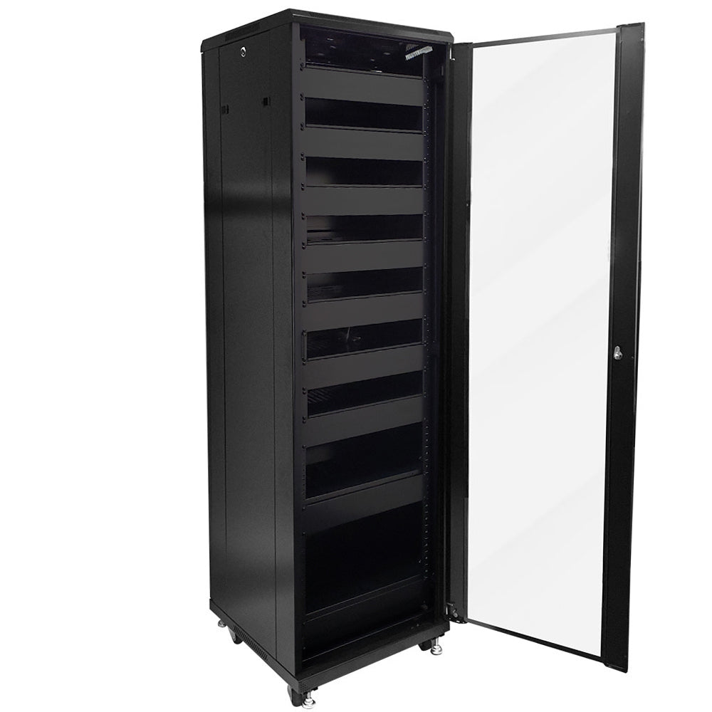 42U A/V and Networking Cabinet - Pre-Loaded with Fan Top, 9 Shelves & Blank Panels - Tapped Rails - Black - Image 2