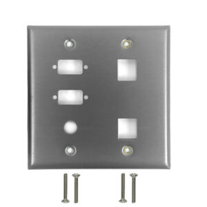 Double Gang - 2x ICDB Cutout  - 1x 3/8 inch Hole - 2x Keystone - Stainless Steel Wall Plate