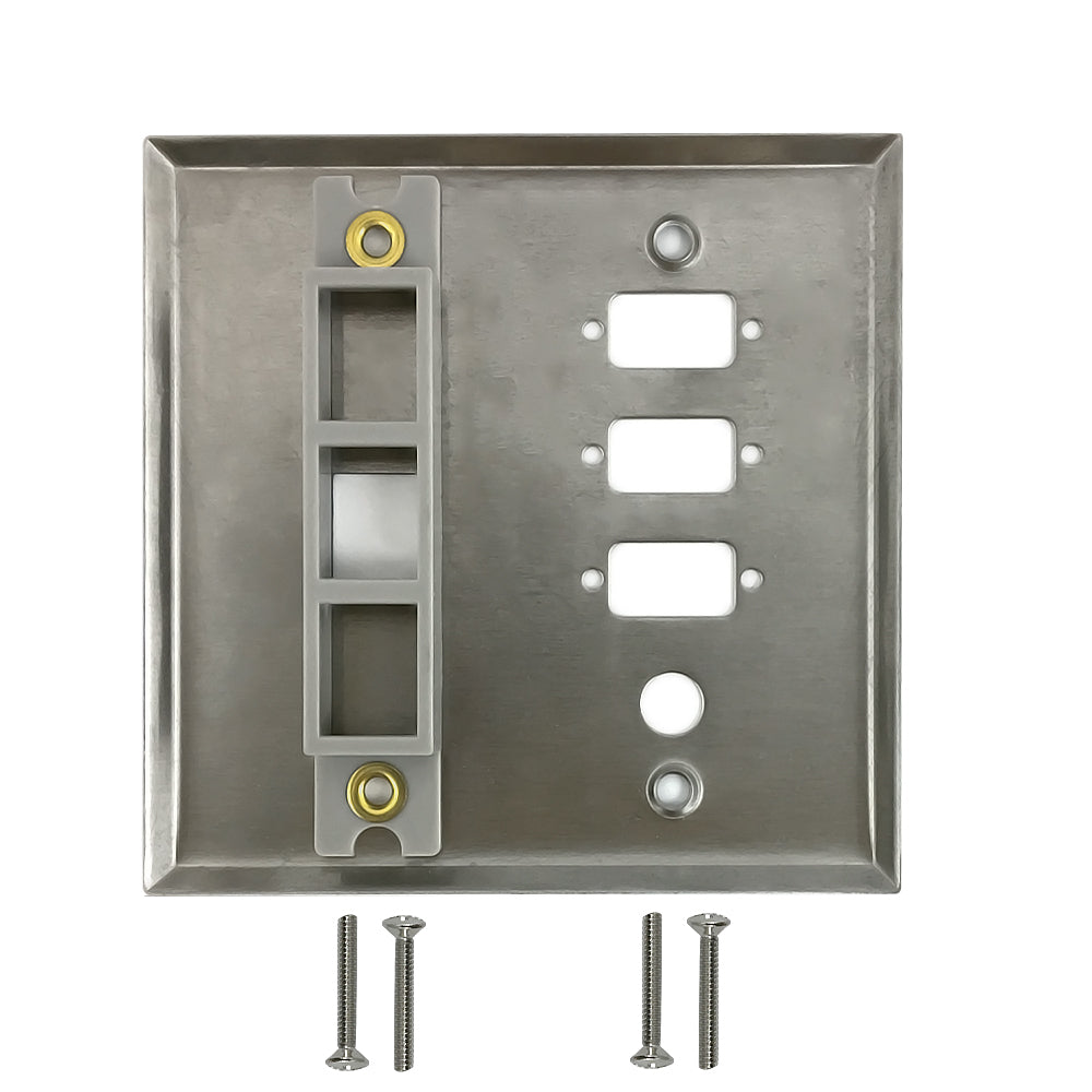 Double Gang - 3x ICDB Cutout - 1x 3/8 inch Hole - 1x Keystone - Stainless Steel Wall Plate - Image 2