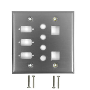 Double Gang - 3x ICDB Cutout  - 4x 3/8 inch Hole - 2x Keystone - Stainless Steel Wall Plate